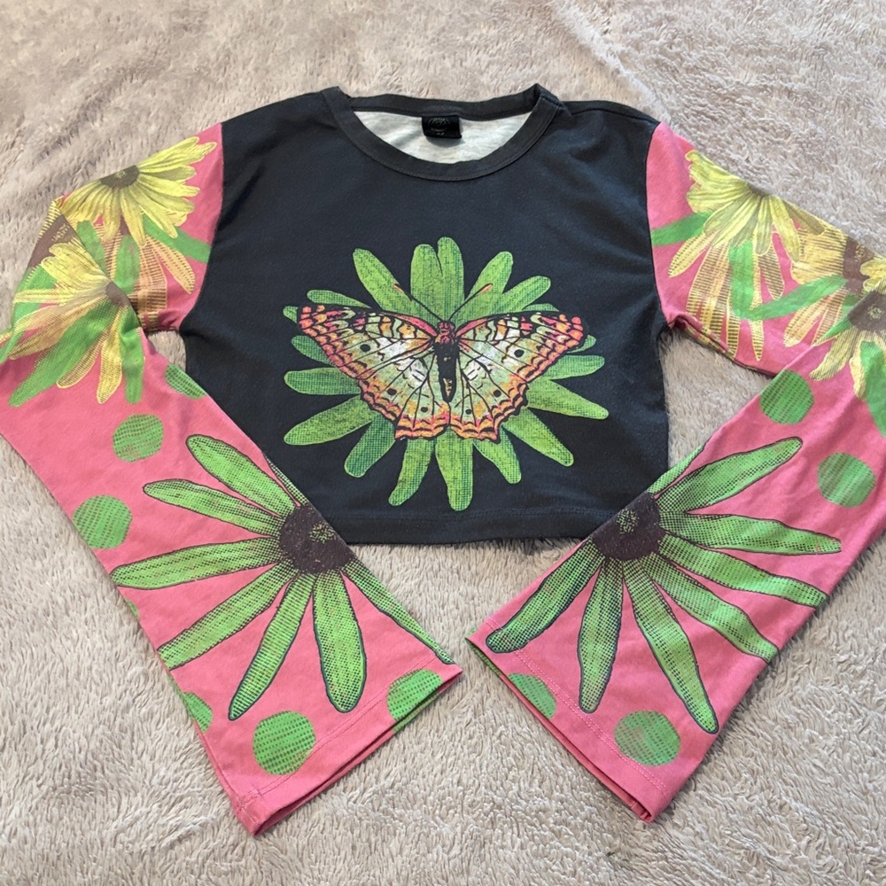 Urban Outfitters Black and Pink Floral Butterfly Long Sleeve Tee